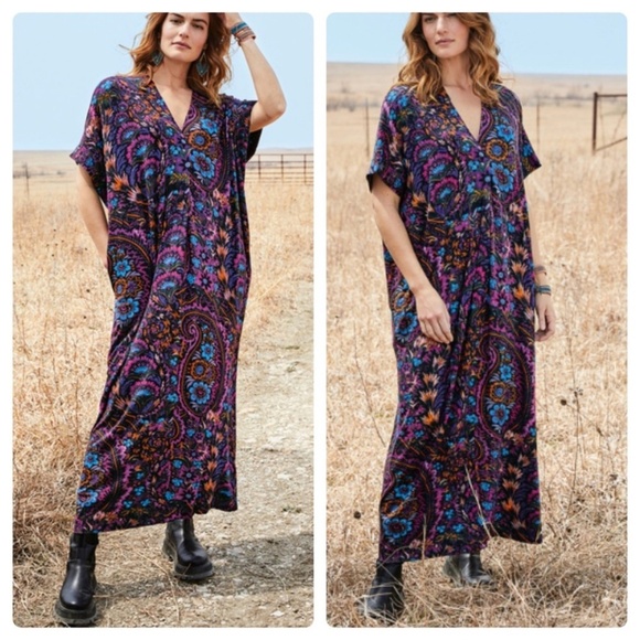 Peruvian Connection Maxi Dress XS/S Thebes Caftan Paisley Purple Boho Lagenlook - Picture 1 of 11